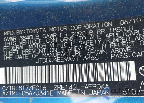 2010 Toyota Corolla Le из США, поврежденный, VIN JTDBU4EE9A9113466